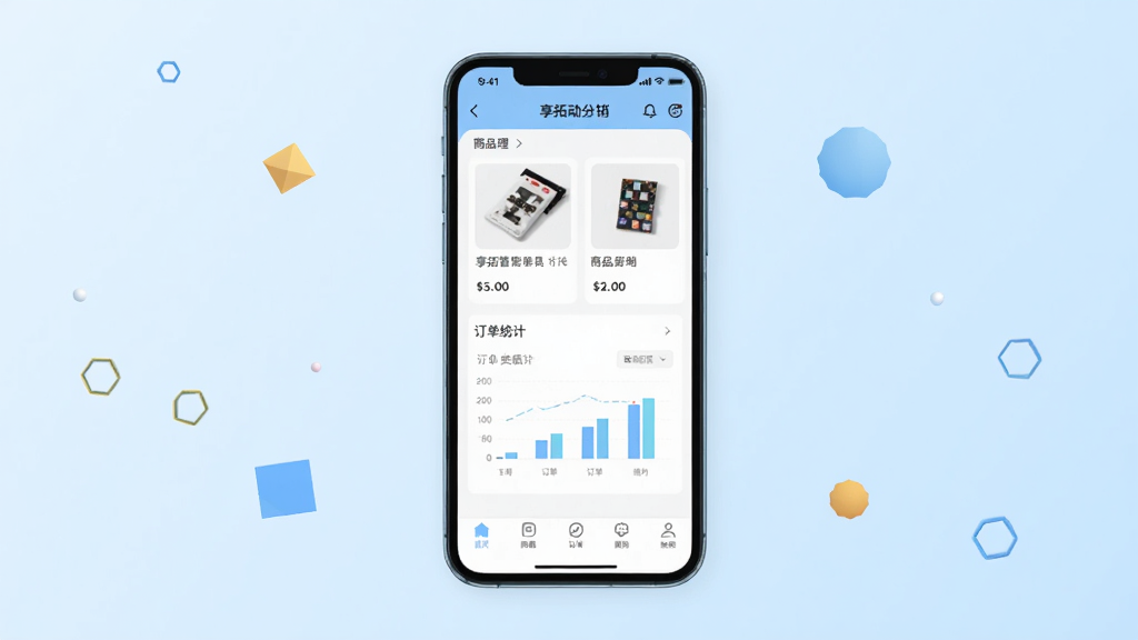 享拓移动分销工具主界面展示,画面中央放置一部智能手机,手机屏幕上显示享拓应用的商品管理页面,包含商品卡片、订单统计图表和底部导航栏,背景为简洁的浅蓝色渐变,周围点缀少量几何图形装饰,整体风格干净清爽,画质清晰,无多余元素