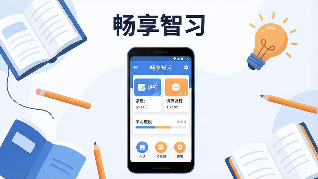 画面中央展示一部安卓手机,手机屏幕显示“畅享智习”软件主界面,界面包含课程卡片、学习进度条与功能图标。手机周围散布书本、铅笔、灯泡等学习元素。布局采用居中构图,手机为主体,学习元素环绕四周。排版简洁有序,上方留白放置软件名称“畅享智习”。风格为现代扁平化插画风,色调以蓝白为主,点缀暖橙色。细节上手机屏幕内文字清晰可辨,图标圆润。画质高清,画面干净,无多余元素。