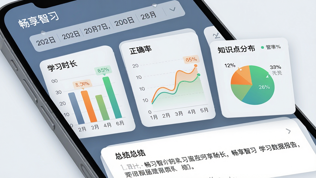 画面呈现“畅享智习”学习数据报告页面,手机屏幕中展示柱状图、折线图与饼图,分别代表学习时长、正确率与知识点分布。屏幕上方有日期选择器,下方有总结文字。布局采用卡片式网格排列,图表错落有致。风格为商务数据可视化插画,色调以蓝灰为主,辅以橙绿数据高亮。细节上图表有渐变填充与数据标签。画质清晰,画面干净,无多余元素。