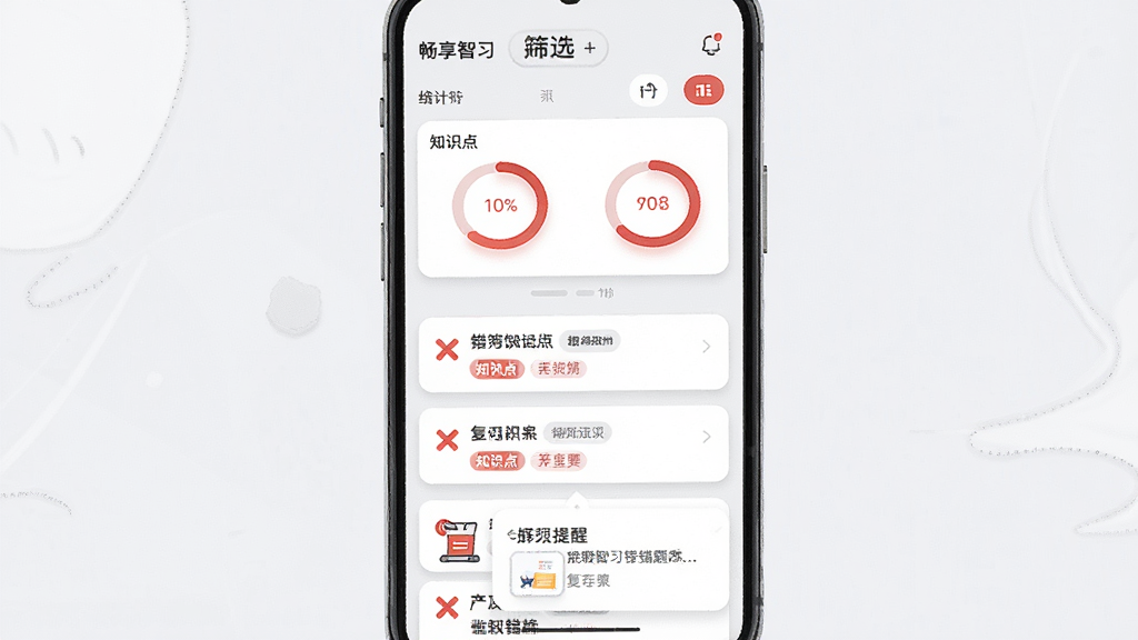 画面展示“畅享智习”错题本功能界面,手机屏幕中显示错题列表,每道错题旁标注红色叉号与知识点标签。屏幕上方有筛选按钮,下方有复习提醒弹窗。布局采用上下结构,上部为统计图表,下部为错题卡片列表。风格为简约工具类UI插画,主色调白灰与红色警示色。细节上卡片有圆角与轻阴影,图表为环形进度。画质高清,画面整洁,无多余元素。