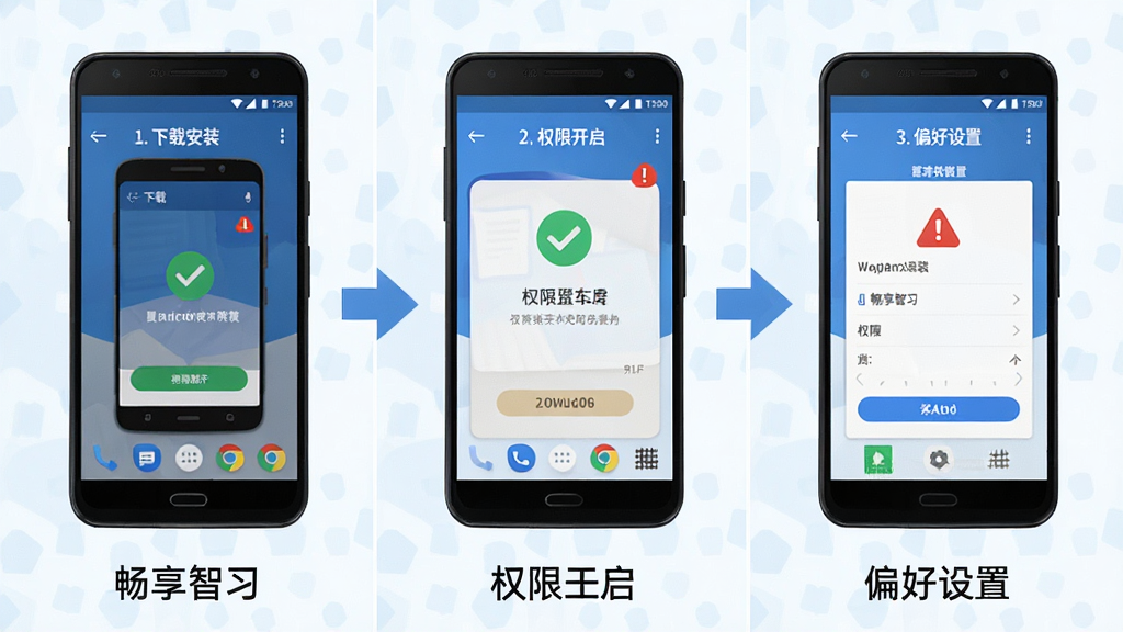 画面展示“畅享智习”软件在安卓手机上的安装与设置流程,屏幕中分步骤显示下载安装、权限开启、偏好设置三个画面。布局采用横向三格分镜,每格下方有简短文字说明。风格为扁平化教程插画,色调以蓝白为主,辅以绿色对勾与红色警示图标。细节上手机边框清晰,步骤箭头连贯。画质高清,画面干净,无多余元素。