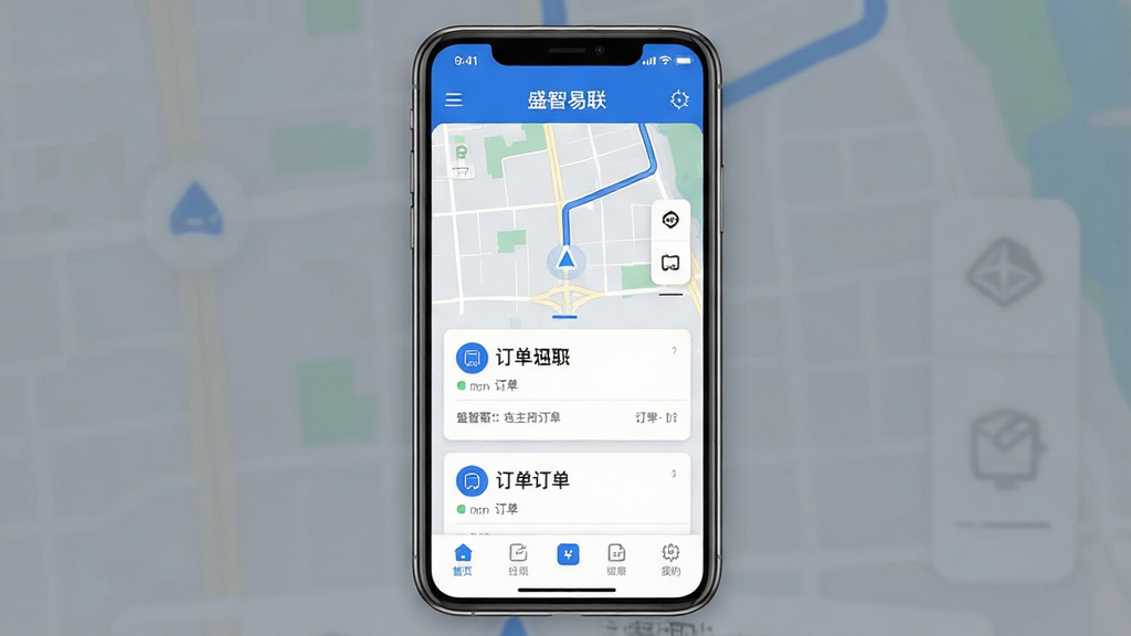 一张展示盛智易联车主软件主界面的手机预览图,主体为一部现代智能手机,屏幕上显示盛智易联车主App的订单列表界面,包含地图导航、订单卡片和底部功能栏,布局清晰居中,排版采用上下结构,风格为现代简约科技风,细节包括蓝色主色调、白色卡片、清晰的图标和文字标注,画质高清,干净,无多余元素
