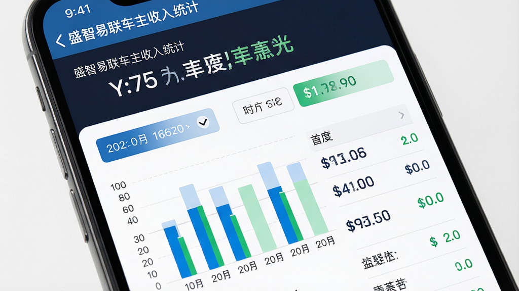一张展示盛智易联车主收入统计页面的AI生图,主体为手机屏幕显示收入图表,布局为上方汇总数字、下方柱状图与列表,排版整洁有序,风格为商务简约风,细节包括蓝色与绿色数据条、清晰的时间筛选按钮、金额数字突出显示,画质高清,干净,无多余元素