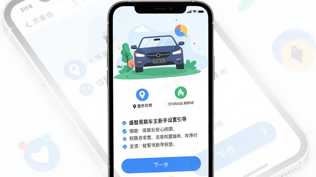 一张展示盛智易联车主新手设置引导页面的AI生图,主体为手机屏幕显示权限开启引导界面,布局为上方插图、下方步骤说明与按钮,排版清晰,风格为扁平化插画风,细节包括位置权限图标、存储权限图标、下一步按钮,画质高清,干净,无多余元素