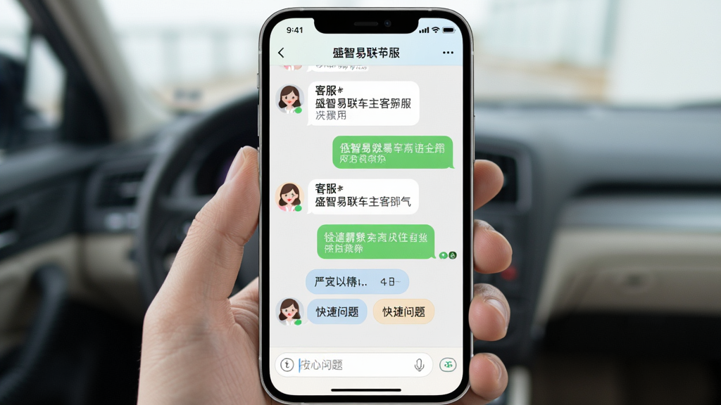一张展示盛智易联车主客服聊天界面的AI生图,主体为手机屏幕显示客服对话窗口,布局为上方消息记录、下方输入框,排版简洁,风格为友好亲和的聊天界面风,细节包括客服头像、消息气泡、快捷问题按钮,画质高清,干净,无多余元素