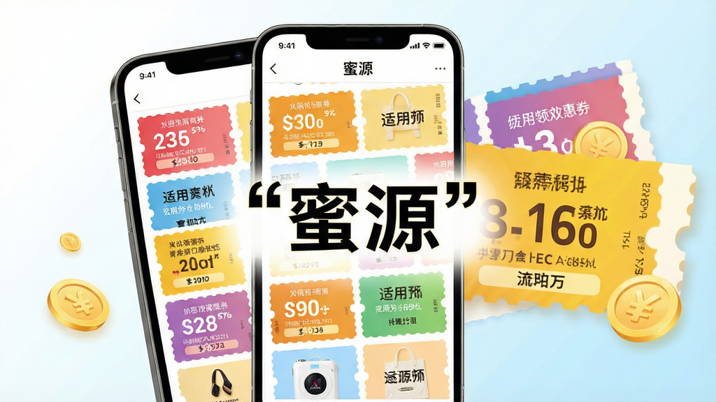一张展示蜜源APP优惠券领取页面的手机界面图,画面中手机屏幕显示大量色彩鲜艳的优惠券卡片整齐排列,每张卡片上标注折扣金额和适用商品。手机旁边散落着几张放大的优惠券和金币。背景为明亮的白色与浅蓝色渐变,风格简洁现代,细节清晰,画质干净,图片中醒目位置用引号标注文字