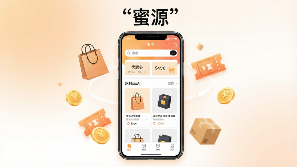 一张展示蜜源APP核心功能的手机界面预览图,画面中央是一部现代智能手机,屏幕显示蜜源APP首页,包含搜索框、优惠券入口、返利商品推荐瀑布流和底部导航栏。手机周围环绕漂浮着购物袋、优惠券图标、金币符号和电商包裹元素。背景为柔和的浅橙色与白色渐变,整体风格清新明亮,细节丰富,画质干净清晰,无多余元素,图片上方用引号标注文字