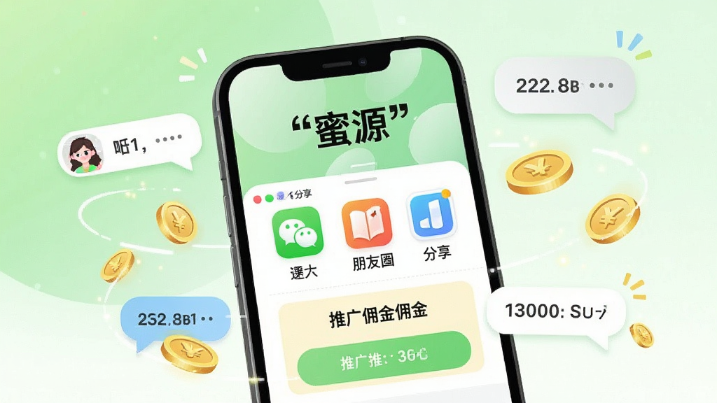 一张展示蜜源APP社交分享功能的手机界面图,画面中手机屏幕显示商品分享面板,包含微信、朋友圈等分享渠道图标和推广佣金提示。手机旁边有社交聊天气泡和金币元素环绕。背景为清新的浅绿色与白色渐变,风格活泼友好,细节清晰,画质干净,图片中用引号标注文字