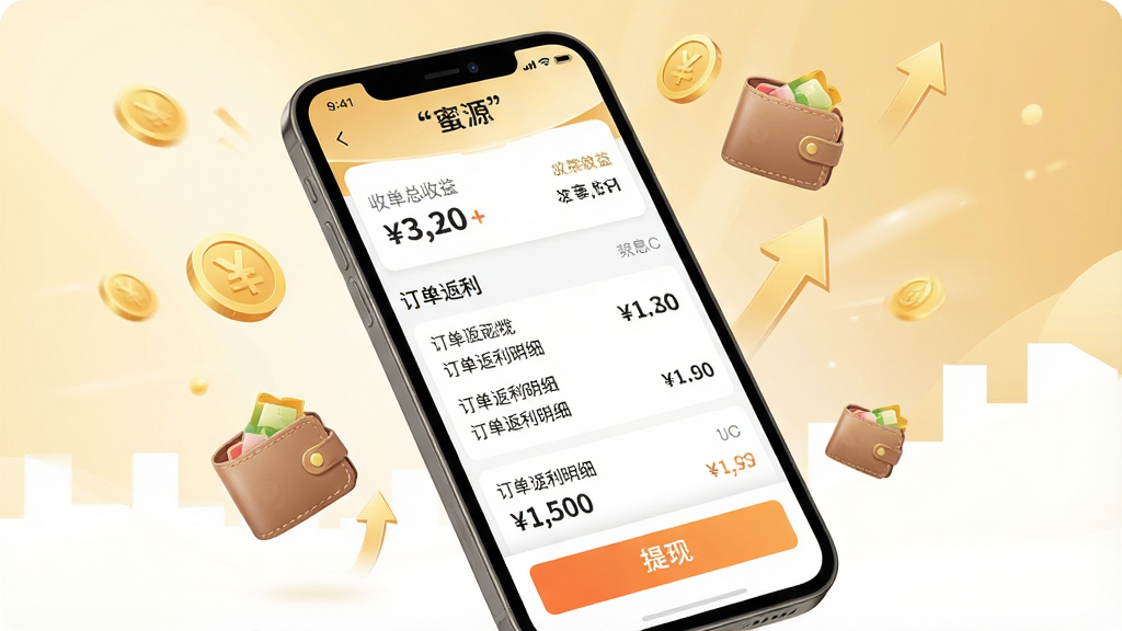 一张展示蜜源APP返利佣金收益页面的手机界面图,画面中手机屏幕显示收益总览、订单返利明细列表和提现按钮,数字金额清晰可见。手机周围漂浮着金币、钱包和上升箭头图标。背景为浅金色与白色渐变,风格温暖专业,细节丰富,画质干净无多余元素,图片中用引号标注文字