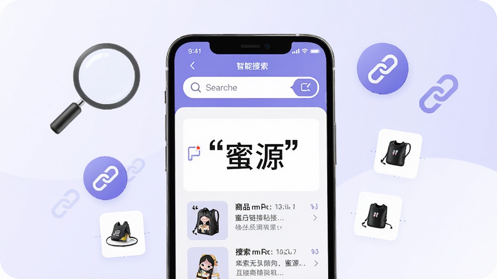 一张展示蜜源APP智能搜索功能的手机界面图,画面中手机屏幕显示搜索框、商品链接粘贴区域和搜索结果列表。手机周围有放大镜、链接图标和商品小图漂浮。背景为浅紫色与白色渐变,风格科技感十足,细节清晰,画质干净无多余元素,图片中用引号标注文字