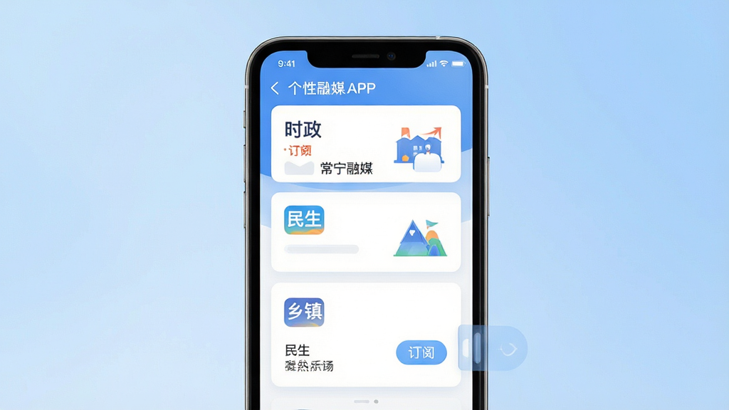 常宁融媒APP个性化订阅界面展示图,画面主体为手机屏幕显示多个频道订阅卡片,卡片上有“时政”“民生”“乡镇”等文字标签,背景为柔和渐变蓝色,风格为清新简约UI设计,细节包括订阅按钮、频道图标、滑动切换效果,画质高清,干净,无多余元素