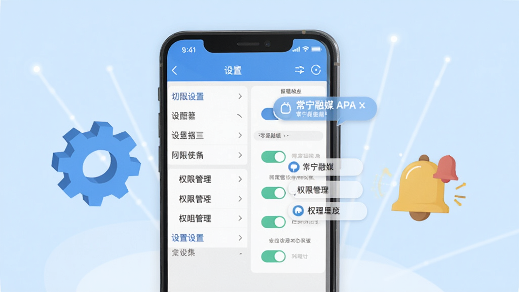 常宁融媒APP移动端使用攻略示意图,画面主体为一部手机展示APP设置界面和权限管理页面,手机旁边有齿轮图标和通知铃铛图标,背景为浅蓝色渐变,风格为扁平化科技插画,细节包括设置选项列表、开关按钮、提示气泡,画质高清,干净,无多余元素