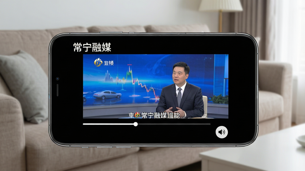 常宁融媒APP视频直播功能界面展示图,画面主体为手机横屏播放本地电视直播节目,屏幕上方显示“常宁融媒”字样,下方有进度条和音量控制按钮,背景为客厅沙发场景,风格为生活化科技风,细节包括高清画质、节目画面清晰、界面按钮简洁,画质高清,干净,无多余元素