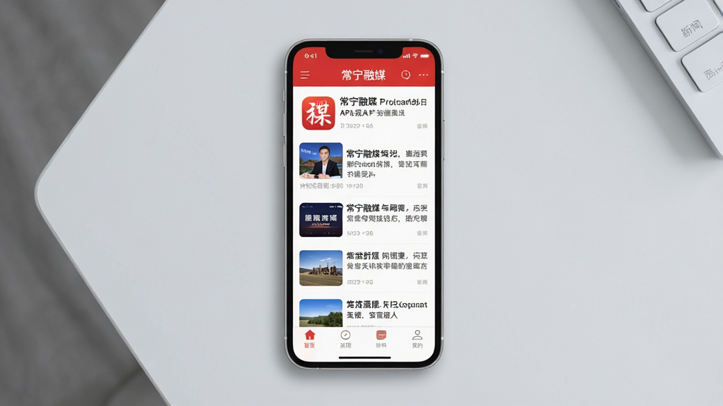 一张手机屏幕展示常宁融媒APP首页界面的场景图,手机居中放置,屏幕内显示常宁融媒APP的新闻资讯列表和顶部导航栏,界面主色调为红色与白色搭配,背景为简洁的浅灰色桌面,风格为科技感UI展示,细节包括清晰的APP图标、新闻缩略图、底部菜单栏,画质高清,干净,无多余元素