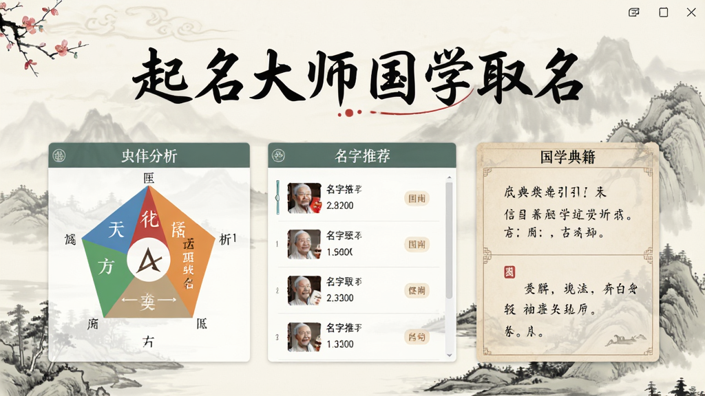 起名大师国学取名软件主界面全貌展示,居中布局,上方为软件名称