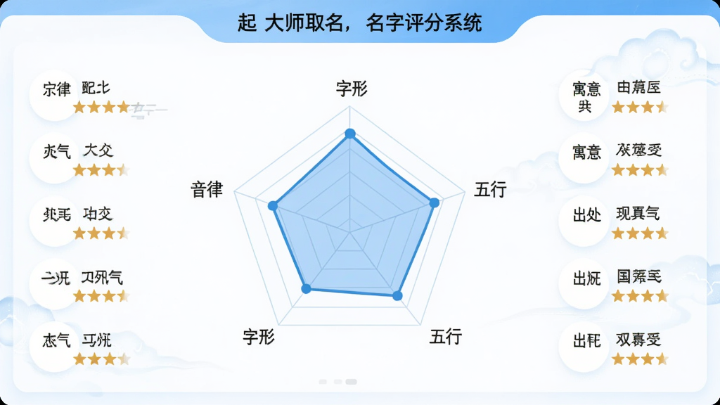 起名大师国学取名名字评分系统展示,画面中央为五维雷达图,五个顶点分别标注音律、字形、五行、寓意、出处,旁边列出多个候选名字及其星级评分,界面采用清新蓝白配色,图表线条流畅,数据清晰,画质干净,无多余元素