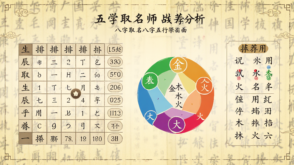 起名大师国学取名八字五行分析界面,画面中央展示生辰八字排盘表和五行金木水火土圆形分布图,旁边列出推荐用字和名字组合,背景为淡黄色古籍纸张纹理,风格古典雅致,文字标注清晰,画质高清,干净无杂乱元素