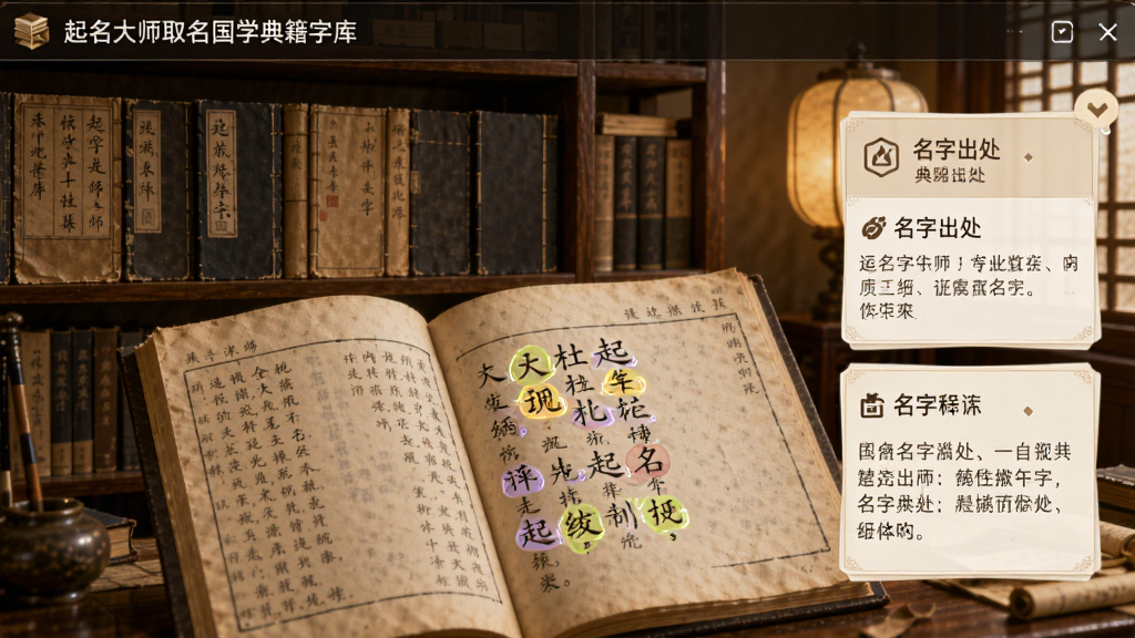 起名大师国学取名国学典籍字库界面,画面展示书架式排列的古籍封面和展开的诗经页面,页面中高亮标注适合起名的字词,右侧弹出名字出处和释义卡片,整体风格为古典书房氛围,暖色调灯光,文字清晰,画质精细,无多余装饰