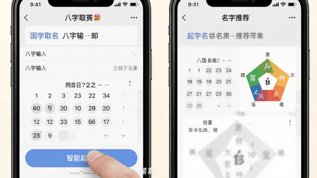 起名大师国学取名手机端操作界面截图,画面展示八字输入页面和名字推荐结果页并排布局,手指点击