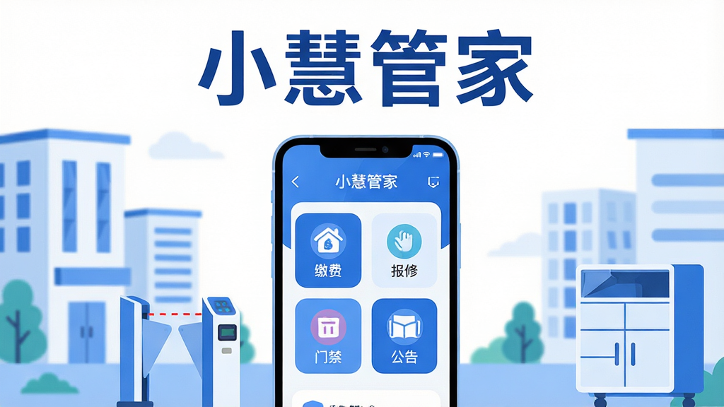整体画面以现代智慧社区为背景,画面中央放置一部智能手机,手机屏幕中显示“小慧管家”应用主界面,界面包含缴费、报修、门禁、公告等图标模块,手机周围环绕简约的楼宇、门禁闸机、快递柜等社区元素,布局采用居中构图,上方留白放置“小慧管家”四个大字,风格为扁平化科技插画风,细节上注意图标圆角统一、配色以蓝白为主,画质清晰,干净,无多余元素