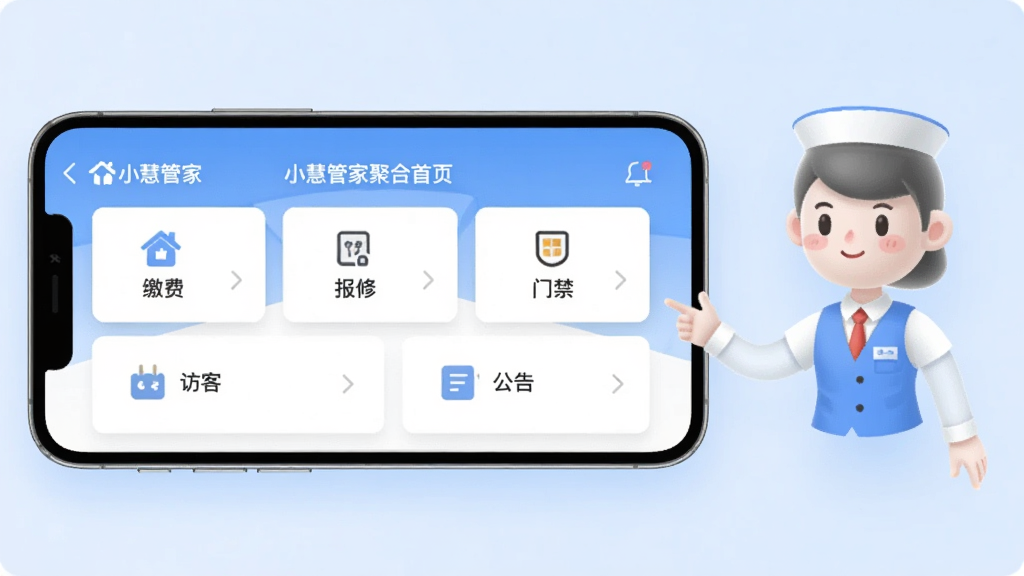 画面主体为一部横向放置的手机,屏幕中展示“小慧管家”功能聚合首页,页面以卡片形式排列缴费、报修、门禁、访客、公告等入口,手机右侧悬浮一个半透明的管家形象小人,背景为淡蓝色渐变,布局为左图右文式排版,风格为清爽扁平化UI展示图,细节上卡片带有轻微阴影、图标线条简洁,画质清晰,干净,无多余元素