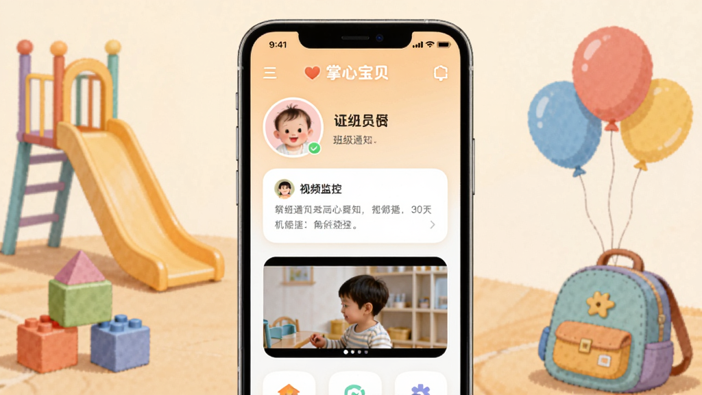 画面主体是一部智能手机,屏幕上显示掌心宝贝应用的主界面,界面中有宝宝头像、班级通知、视频监控入口等功能模块,手机周围环绕着幼儿园场景的插画元素,包括滑梯、积木、小书包和彩色气球,整体布局居中对称,排版清晰有序,风格为温馨卡通风,细节上采用柔和的暖色调,画质高清,干净整洁,无多余元素