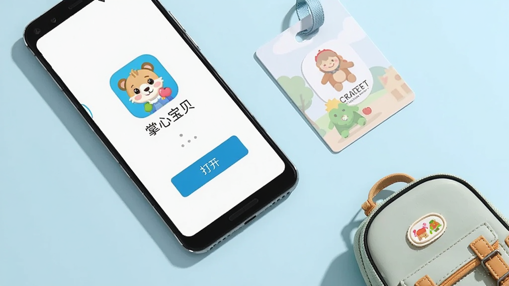 画面主体是一部安卓手机展示掌心宝贝的安装完成界面,屏幕中显示应用图标和
