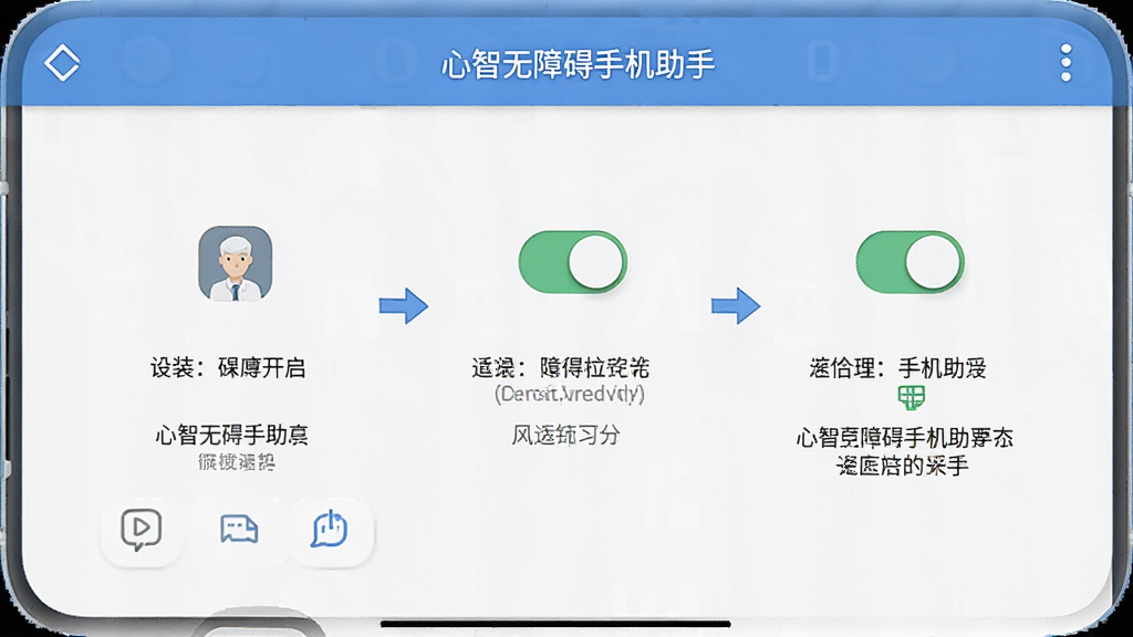 心智无障碍手机助手安装设置界面截图风格图,画面展示手机屏幕上的无障碍服务开启步骤,布局采用分步引导形式,风格清晰直观,细节包括设置图标、开关按钮、权限提示,画质高清,干净,无多余元素。