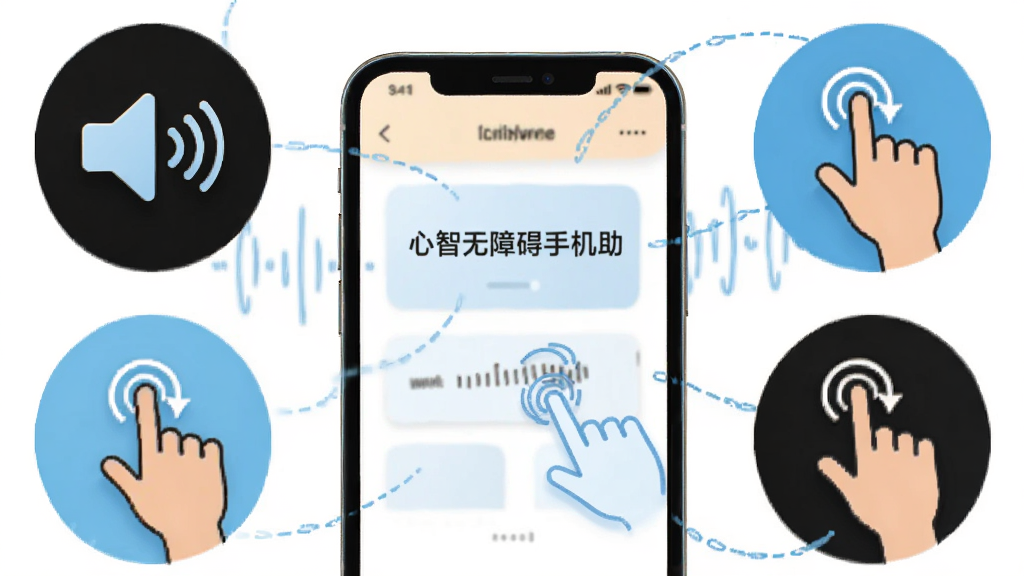 心智无障碍手机助手功能展示图,画面中央是手机界面,周围环绕着语音播报图标和手势操作示意图,风格简洁明快,细节包括语音波纹和手指滑动轨迹,画质清晰,干净,无多余元素。