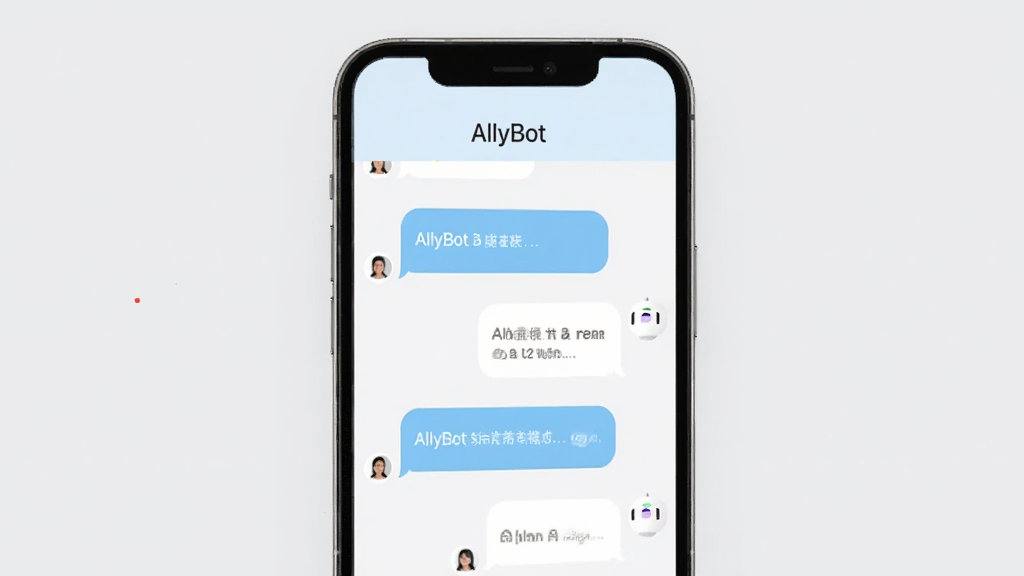 AllyBot智能对话界面,画面中展示手机屏幕内用户与机器人一问一答的聊天气泡,气泡颜色分别为浅蓝和白色,屏幕上方显示“AllyBot”字样,背景为干净的浅灰色,整体风格现代简约,画质清晰,无杂乱元素