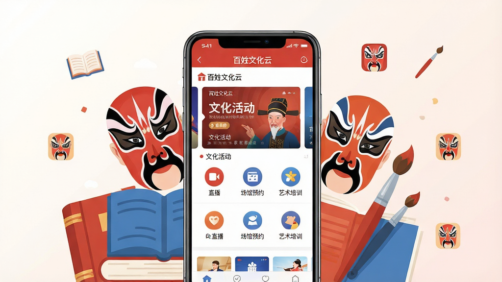 一幅展示百姓文化云手机应用界面的场景图,画面主体是一部竖屏智能手机,屏幕中显示百姓文化云APP首页界面,包含文化活动海报轮播图、功能图标如直播、场馆预约、艺术培训等,手机周围环绕着书本、戏曲脸谱、画笔等文化元素,布局采用居中构图,手机居中放置,四周点缀文化小图标,风格为扁平化插画风,色彩以红白蓝暖色系为主,细节上强调界面清晰、图标精致,画质高清、干净、无多余元素,背景简洁浅色渐变。