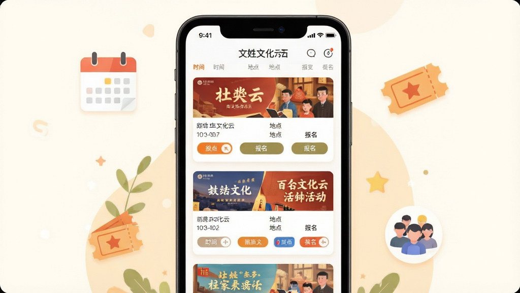 一幅表现百姓文化云文化活动聚合功能的插画,画面主体是百姓文化云APP界面中文化活动列表页,展示多张活动卡片,每张卡片包含活动海报、时间、地点、报名按钮,界面清晰整洁,布局采用手机屏幕展示,屏幕旁有日历、票券、人群等小图标做点缀,风格为现代扁平插画,色彩明快温馨,细节上突出信息层级分明、操作便捷,画质高清、干净、无多余元素。