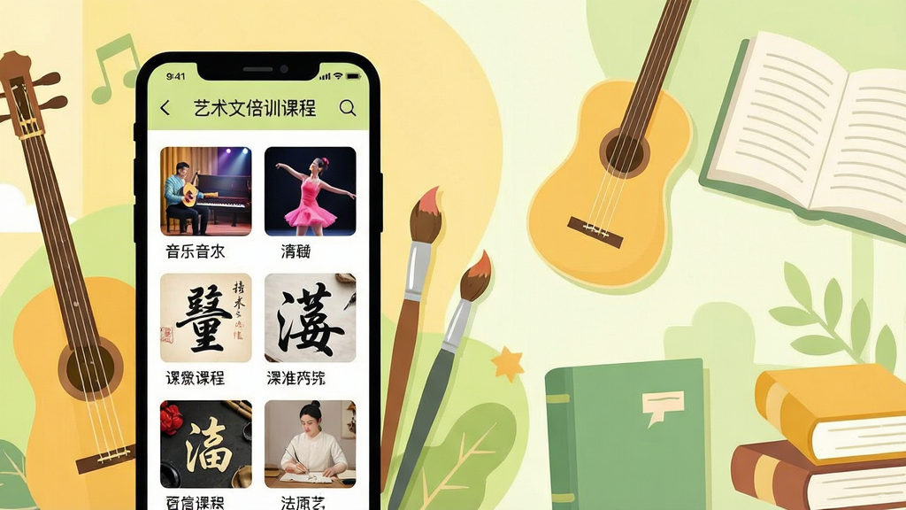 一幅展示百姓文化云艺术培训与学习资源的插画,画面主体是手机屏幕中显示艺术培训课程列表,包含音乐、舞蹈、书法等课程封面,屏幕旁边有乐器、画笔、书本等学习工具元素,布局采用左屏右物构图,手机在左,学习工具在右,风格为清新扁平插画风,色彩以暖黄浅绿为主,细节上强调课程丰富、学习氛围浓厚,画质高清、干净、无多余元素。