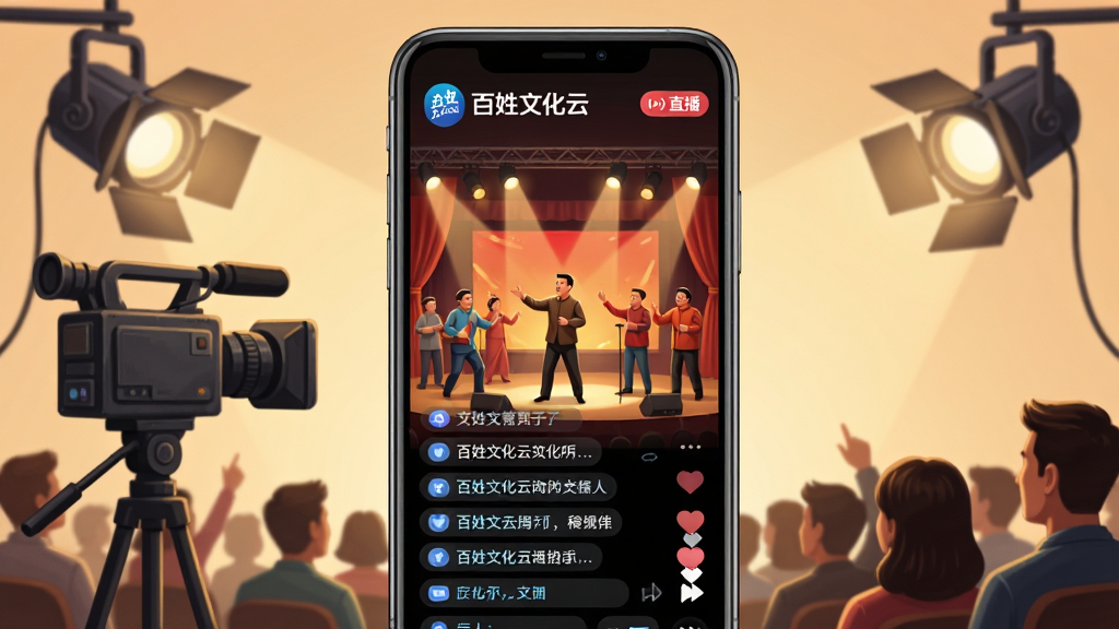 一幅展示百姓文化云直播功能的场景图,画面主体是手机屏幕中正在播放文化演出的直播画面,屏幕上方有百姓文化云LOGO和直播标识,下方有弹幕互动区,手机旁边有摄像机、舞台灯光、观众等元素,布局采用居中构图,手机居中,四周元素环绕,风格为写实插画风,色彩以暖色舞台灯光为主,细节上强调直播画面生动、互动感强,画质高清、干净、无多余元素。