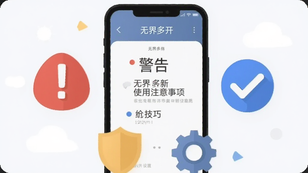 一幅描绘无界多开新手使用注意事项的插画,画面中一部手机屏幕显示无界多开界面,旁边有红色感叹号和蓝色对勾图标分别代表警告与技巧,手机下方有盾牌和齿轮元素象征安全与设置,背景为干净的浅色,风格简约扁平,画质清晰,突出“无界多开”文字
