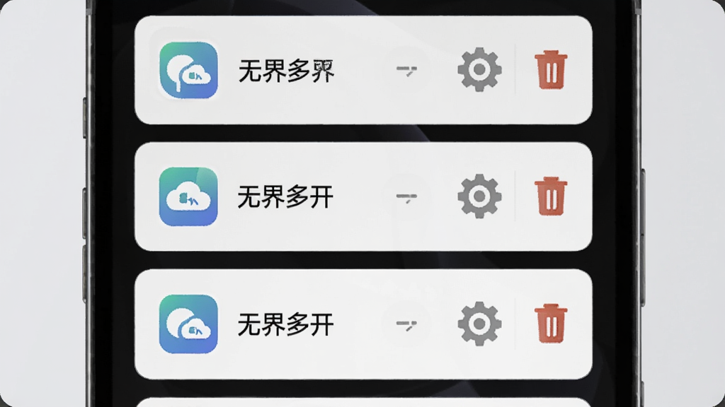 一张展示无界多开分身管理界面的图片,画面中央是手机屏幕特写,屏幕内显示多个应用分身卡片,每个卡片上有应用图标和自定义名称,卡片右侧有设置齿轮和删除按钮,背景为浅灰色,光线柔和,画质清晰,突出“无界多开”管理功能