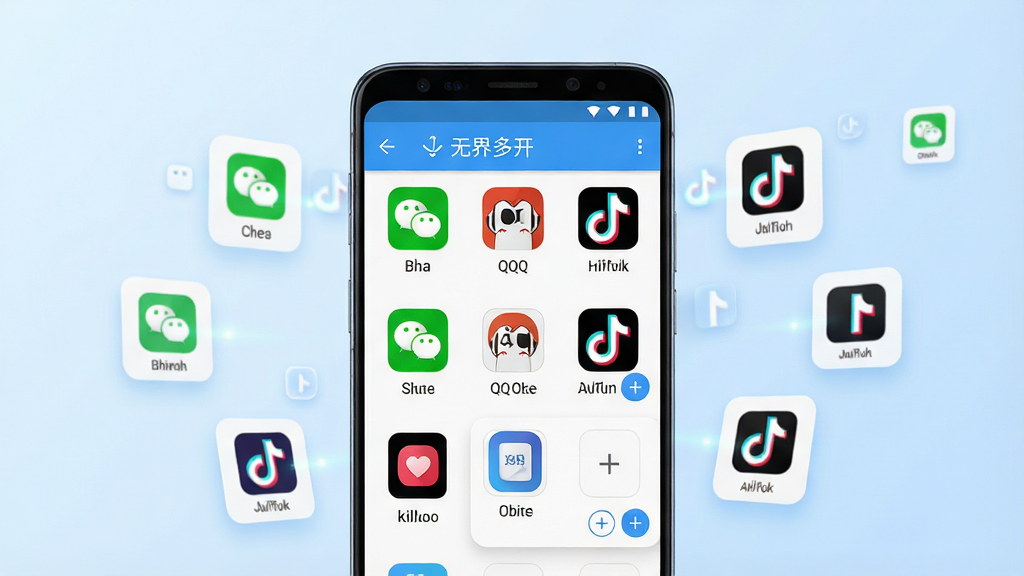 一张展示无界多开软件界面的横版宣传图,画面中央是一部安卓手机,手机屏幕上清晰显示“无界多开”应用主界面,界面中排列着多个已添加的应用分身图标,如微信、QQ、抖音等,图标旁有“+”号添加按钮,手机周围环绕着悬浮的小图标表示分身独立运行,背景为干净的浅蓝色渐变,整体风格简洁科技感,画质清晰,无多余元素