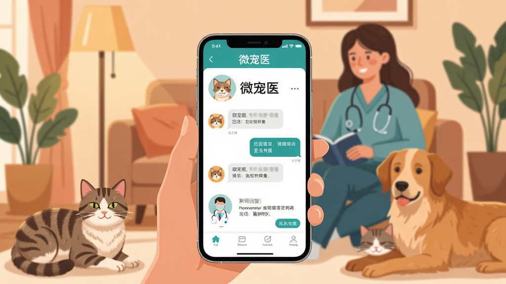 一张展示宠物主人使用手机与兽医在线沟通的场景图,画面中央放置一部智能手机,屏幕显示微宠医应用界面,包含宠物头像、问诊对话框和医生回复内容,背景是温馨的家庭客厅环境,有猫咪和狗狗安静地趴在主人身边,整体布局为手机屏幕居中、宠物环绕四周,排版整洁清晰,风格为现代扁平化插画,细节包括柔和的暖色调灯光、宠物毛发质感细腻、手机界面文字清晰标注