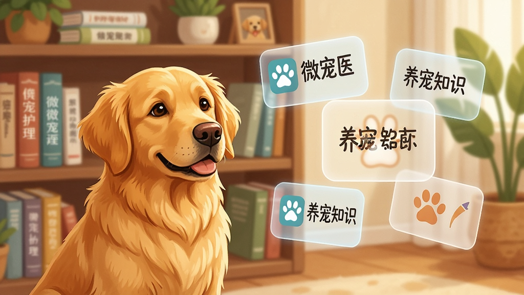 一只金毛犬坐在书架旁,书架上摆放着多本宠物护理书籍,旁边悬浮着几个半透明的知识卡片图标,卡片上写有