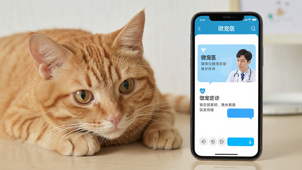 一只橘猫趴在桌面上,旁边放着一部手机,手机屏幕显示微宠医的图文问诊界面,有医生正在输入回复,画面主体为猫和手机,布局采用左猫右手机的对称构图,排版简洁明快,风格为写实摄影,细节包括猫的眼神专注、手机屏幕反光自然、界面中文字