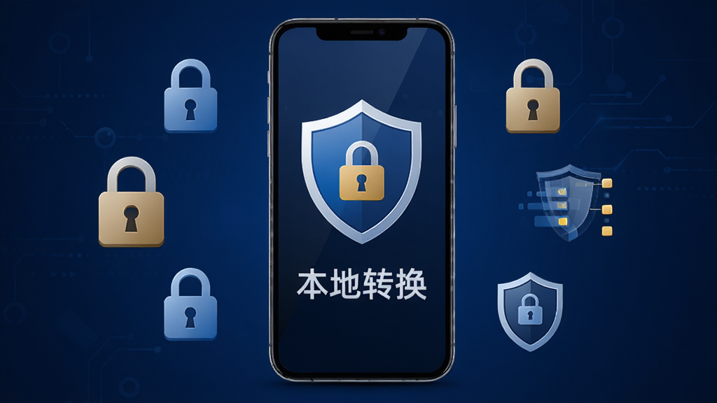 万能格式转换器安全本地处理概念的示意图,画面中央是一部手机,手机屏幕显示盾牌图标和本地转换字样,手机周围有锁形图标和数据保护符号,背景为深蓝色渐变,风格稳重安全,画质高清,元素简洁不杂乱