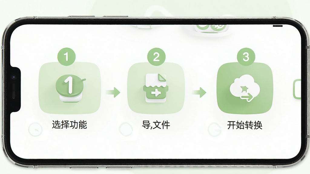 万能格式转换器软件操作界面截图风格的图片,画面中手机屏幕展示三步操作流程图,分别用数字1、2、3标注选择功能、导入文件、开始转换三个步骤,界面设计简洁明快,配色以白色和浅绿色为主,图标圆润友好,画质清晰,干净无多余装饰