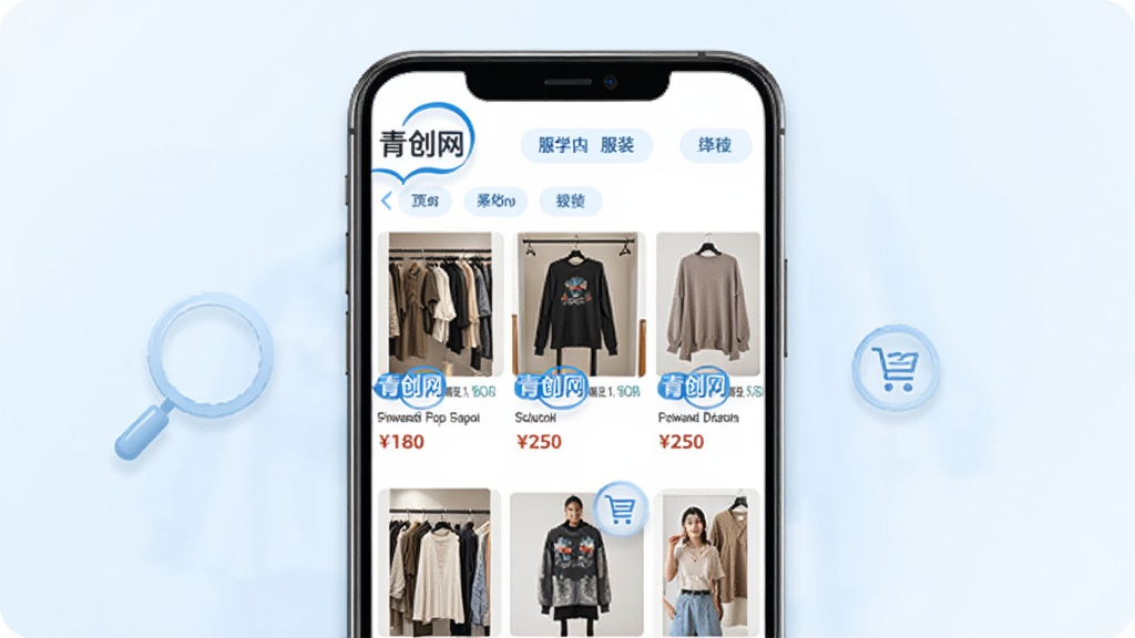 青创网软件内服装档口列表页面,画面以手机屏幕为主体,屏幕中展示多个服装档口的商品缩略图和价格标签,旁边配有放大镜和购物车图标,背景为淡蓝色渐变,风格清新简洁,细节上突出“青创网”品牌标识和商品分类标签,画质干净,无杂乱元素