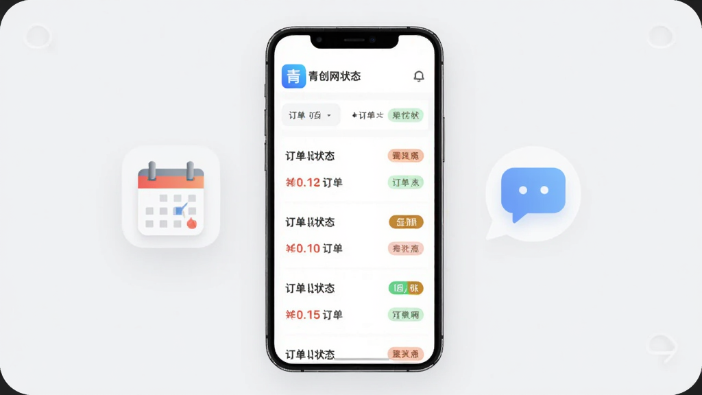 青创网订单管理页面,画面以手机屏幕为中心,屏幕中显示订单列表和状态标签,旁边有日历和消息气泡图标,背景为浅灰色极简风格,细节上突出“青创网”应用图标和订单状态颜色区分,画质干净,无多余元素