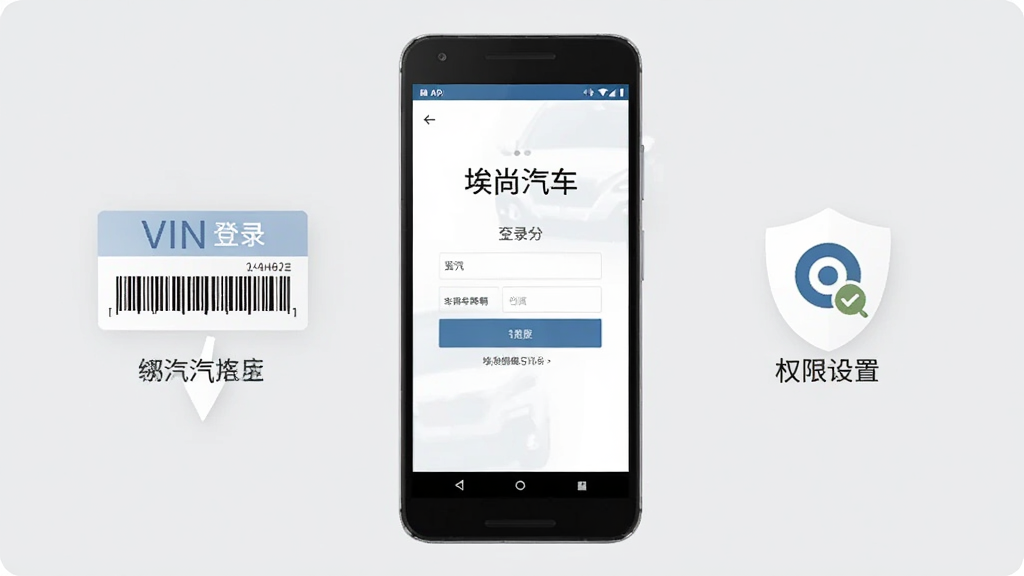 画面中央展示一部安卓手机,屏幕显示“埃尚汽车”APP的登录和车辆绑定引导页面,手机旁边有VIN码位置示意和权限设置图标,背景为浅灰色,风格实用清晰,细节到位,画质干净,无多余元素