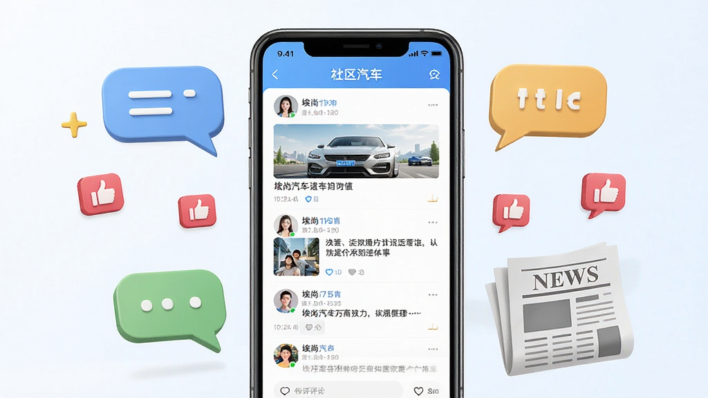 画面中央展示一部手机,屏幕显示“埃尚汽车”APP的社区资讯页面,页面中有文章列表、用户头像和评论互动区域,手机周围环绕着对话气泡、点赞图标和新闻报纸元素,整体风格清新明快,布局整齐,细节丰富,画质干净,无多余元素