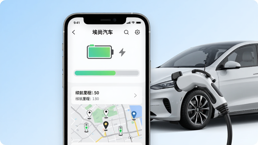 画面中央展示一部手机,屏幕显示“埃尚汽车”APP的充电管理界面,界面中有电池图标、充电进度条、续航里程数字和附近充电桩地图标记,手机旁边有一辆白色新能源汽车和充电枪连接示意,背景为浅蓝色渐变,风格简洁科技感,细节清晰,画质干净,无多余元素