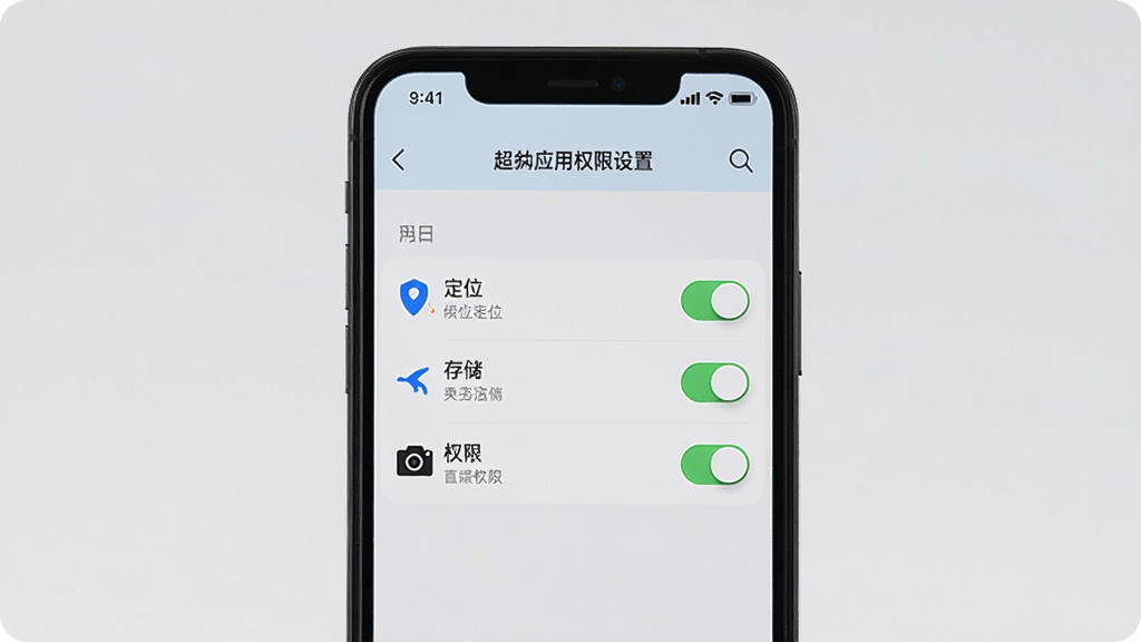 手机展示超兔应用权限设置页面,画面主体为竖屏手机,屏幕内呈现权限开关列表,背景为简洁设置界面,布局居中,风格清爽实用,细节包括定位、存储、相机权限项,画质清晰干净,无多余元素