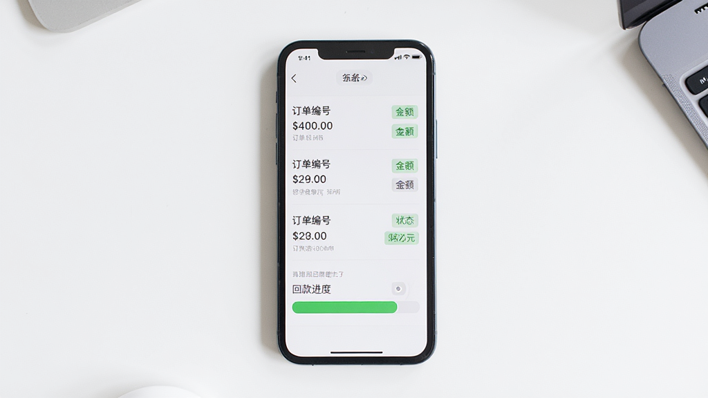 手机屏幕显示订单列表与回款进度条,画面主体为竖屏手机,背景为简洁白色桌面,布局居中,风格清爽商务,细节包括订单编号、金额、状态标签,画质清晰干净,无多余元素