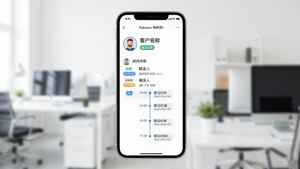 一部手机展示客户详情页,页面包含客户名称、联系人、跟进时间轴,背景为浅色办公环境,布局简洁居中,风格商务扁平,细节有头像图标、标签、时间线,画质清晰干净,无多余元素